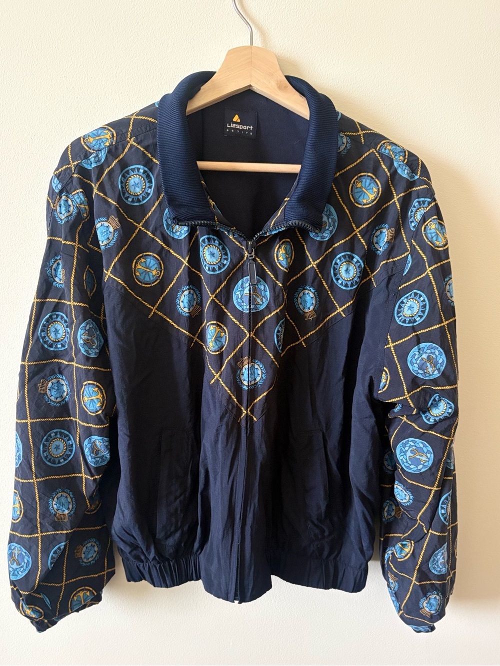 Vintage Liz Claiborne Sport Navy windbreaker Jacket with Blue Medallion Print